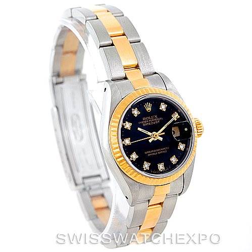 This image shows a Rolex Datejust 69173 Women's Stainless Steel Black Dial 69173 Women's Stainless Steel Black Dial watch at a slight angle, highlighting the face, bezel, and part of the bracelet.