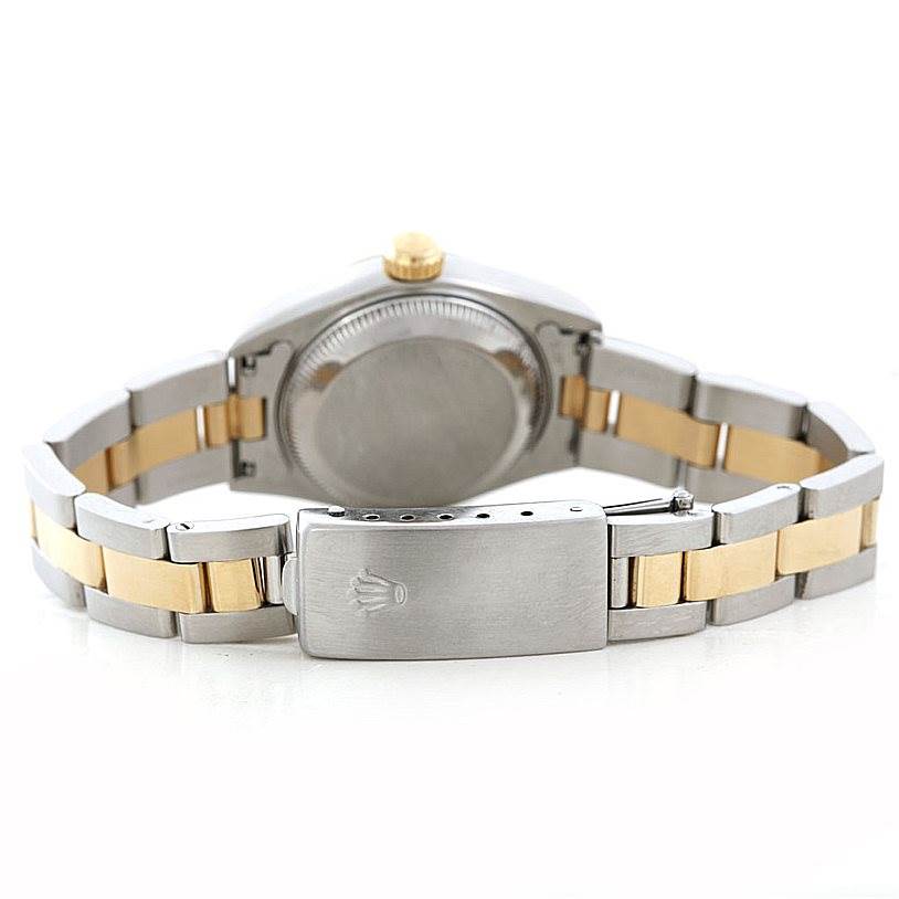 The image shows the back view of a Rolex Datejust 69173 Women's Stainless Steel White Dial 69173 Women's Stainless Steel White Dial watch, including its bracelet and clasp.