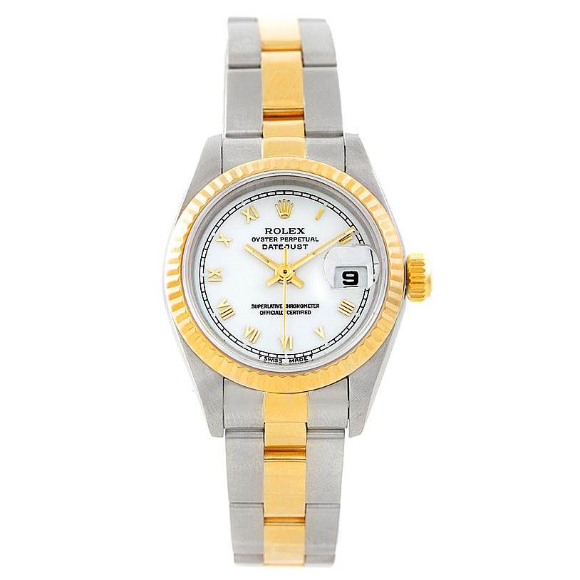 This image shows a Rolex Datejust 69173 Women's Stainless Steel White Dial 69173 Women's Stainless Steel White Dial watch from the front, featuring the dial, bezel, crown, and bracelet.
