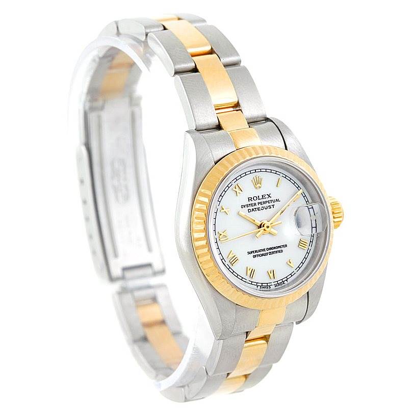 The Rolex Datejust 69173 Women's Stainless Steel White Dial 69173 Women's Stainless Steel White Dial watch is shown at an angled view, prominently displaying its face, bezel, and two-tone bracelet.