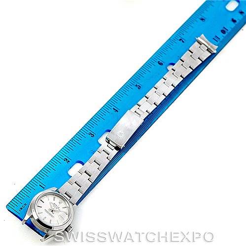 The image shows a Rolex Datejust 79160 Women's Stainless Steel Silver Dial 79160 Women's Stainless Steel Silver Dial watch laid beside a blue ruler, displaying the face and bracelet in full length.
