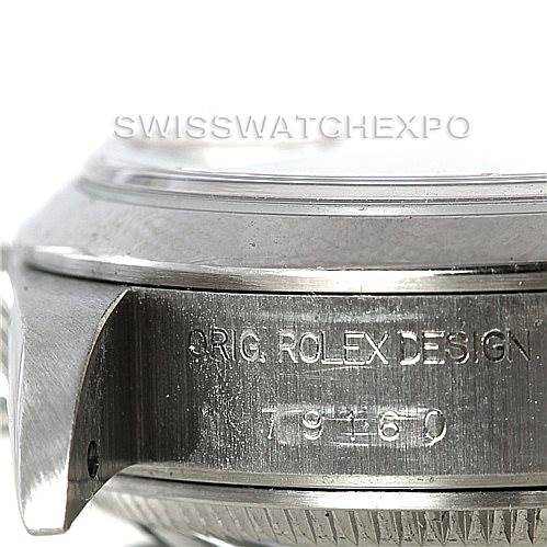 The image shows a close-up angle of the Rolex Datejust 79160 Women's Stainless Steel Silver Dial 79160 Women's Stainless Steel Silver Dial watch case, highlighting the "Orig. Rolex Design" engraving and the model number.