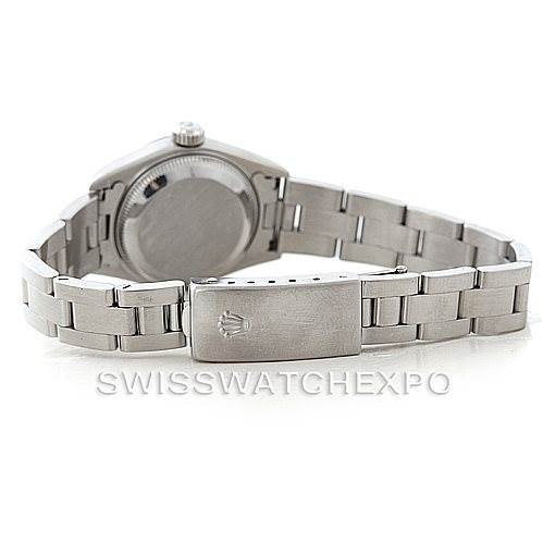 The image shows the back view of a Rolex Datejust 79160 Women's Stainless Steel Silver Dial 79160 Women's Stainless Steel Silver Dial watch, highlighting the clasp and the case back.