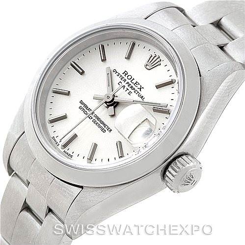 The image shows a Rolex Datejust 79160 Women's Stainless Steel Silver Dial 79160 Women's Stainless Steel Silver Dial watch angled to display the face, crown, and bracelet.