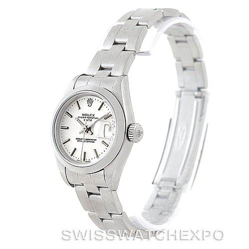 The image shows a side angle of a Rolex Datejust 79160 Women's Stainless Steel Silver Dial 79160 Women's Stainless Steel Silver Dial watch, highlighting its face, bezel, bracelet, and clasp.