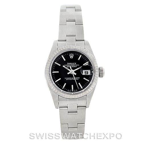 This Rolex Datejust 79174 Women's Stainless Steel Black Dial 79174 Women's Stainless Steel Black Dial watch is shown from a front angle, displaying its black dial, date window, and stainless steel bracelet.