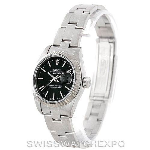This image shows a Rolex Datejust 79174 Women's Stainless Steel Black Dial 79174 Women's Stainless Steel Black Dial model watch from an angled side view, highlighting the face, bezel, crown, and bracelet.