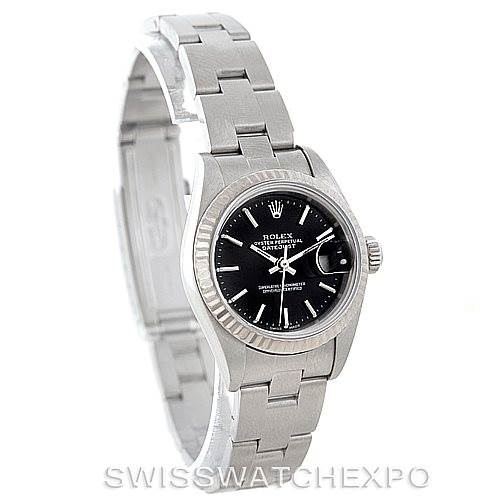 The image shows a Rolex Datejust 79174 Women's Stainless Steel Black Dial 79174 Women's Stainless Steel Black Dial watch at a front angle, highlighting the black dial, fluted bezel, and stainless steel bracelet.