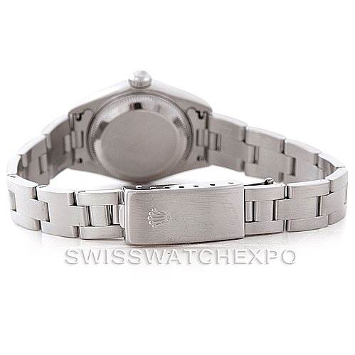 The image shows the rear view of a Rolex Datejust 79174 Women's Stainless Steel Black Dial 79174 Women's Stainless Steel Black Dial watch, highlighting the case back and bracelet with the clasp.