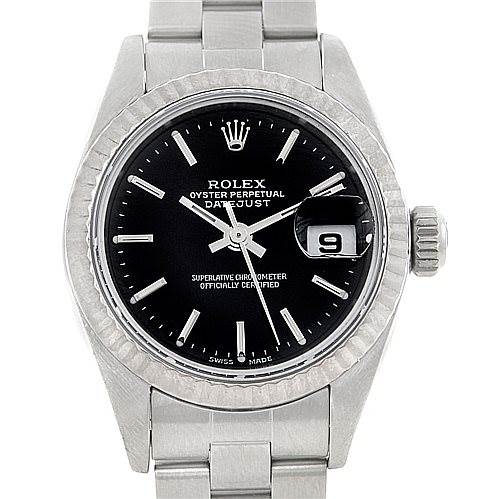 This image shows a frontal close-up view of a Rolex Datejust 79174 Women's Stainless Steel Black Dial 79174 Women's Stainless Steel Black Dial watch, displaying its face, bezel, and part of its bracelet.