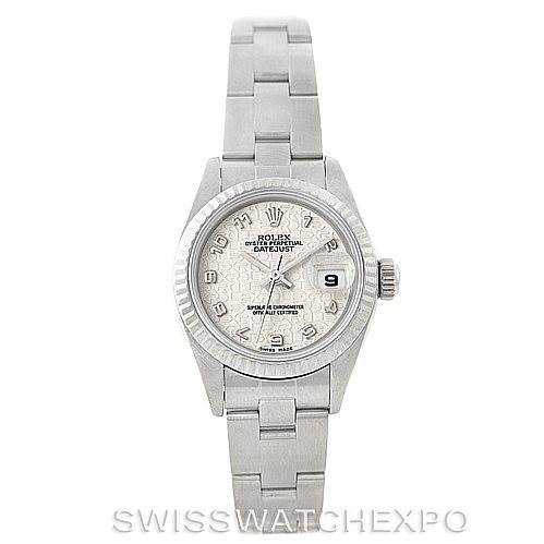 The image shows a front view of the Rolex Datejust 79174 Women's Stainless Steel Silver Dial 79174 Women's Stainless Steel Silver Dial watch, including the face, bezel, case, and part of the bracelet.