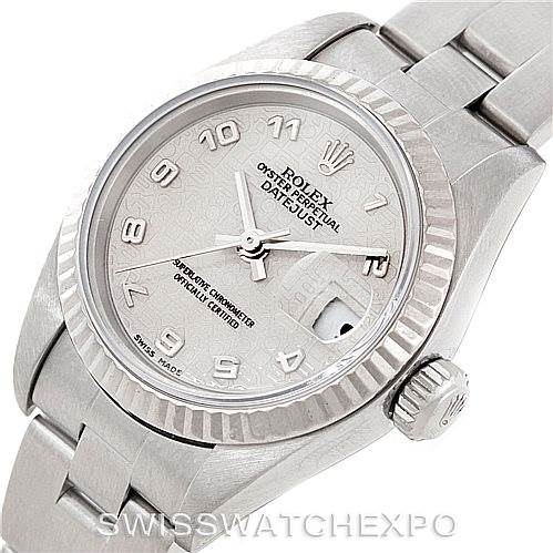 This image shows a close-up, angled view of the Rolex Datejust 79174 Women's Stainless Steel Silver Dial 79174 Women's Stainless Steel Silver Dial watch, highlighting the face, bezel, crown, and part of the bracelet.
