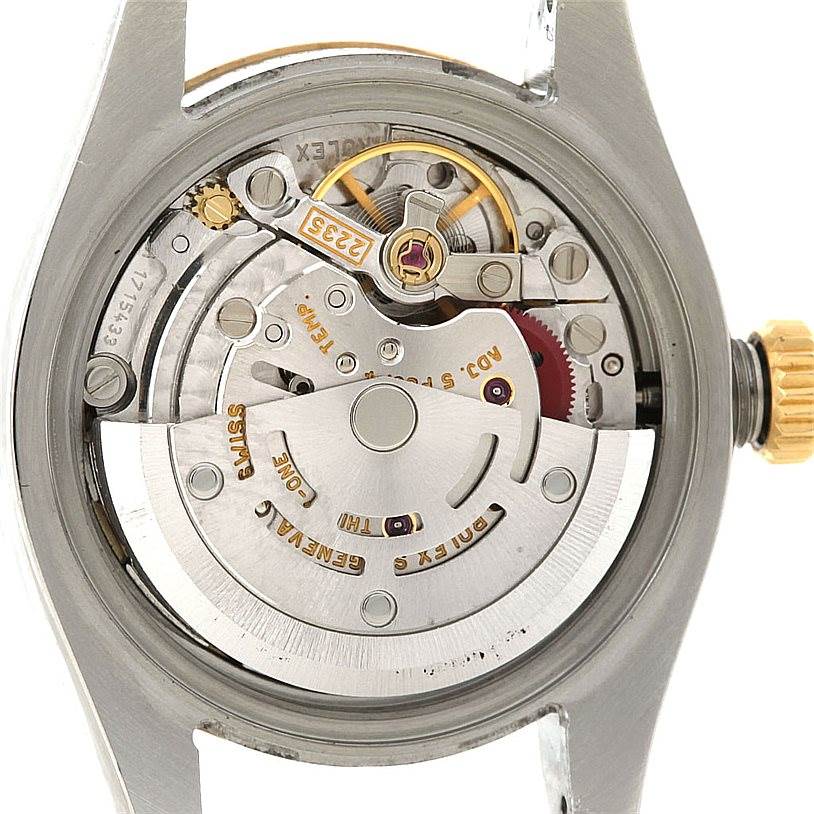 The image shows the back view of the Rolex Datejust 179173 Women's Steel and Gold (two tone) Champagne Dial 179173 Women's Steel and Gold (two tone) Champagne Dial, revealing its intricate movement and mechanics.