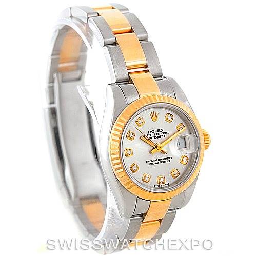 The image shows a Rolex Datejust 179173 Women's Steel and Gold (two tone) Silver Dial 179173 Women's Steel and Gold (two tone) Silver Dial watch at a front-facing angle, displaying its two-tone bracelet and diamond hour markers on the dial.