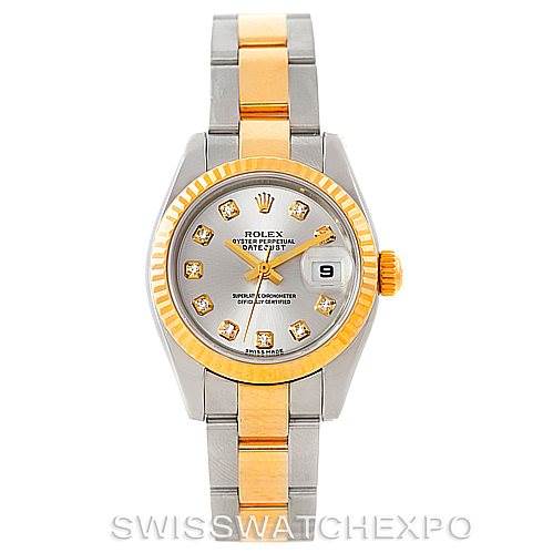 This image shows a front view of a Rolex Datejust 179173 Women's Steel and Gold (two tone) Silver Dial 179173 Women's Steel and Gold (two tone) Silver Dial watch, highlighting the face, bezel, and bracelet.