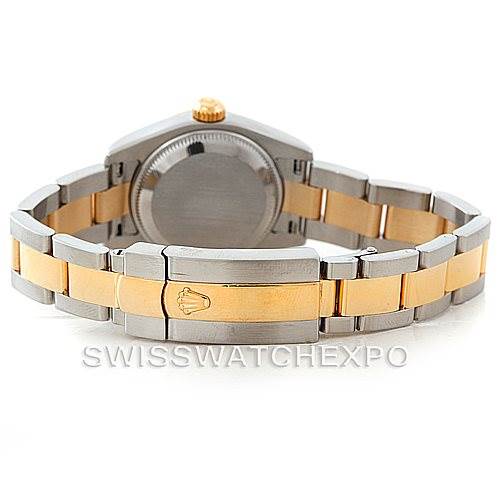 This image shows the back view of a Rolex Datejust 179173 Women's Steel and Gold (two tone) Silver Dial 179173 Women's Steel and Gold (two tone) Silver Dial watch, highlighting its two-tone bracelet and clasp.