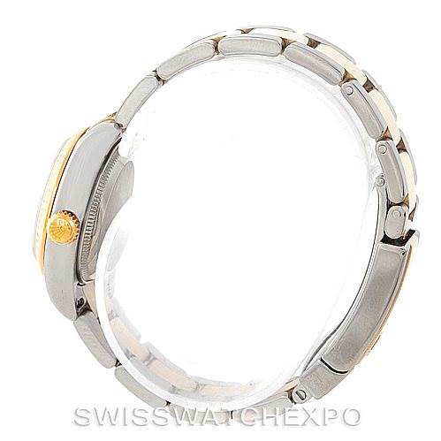 This image shows a side view of a Rolex Datejust 179173 Women's Steel and Gold (two tone) Silver Dial 179173 Women's Steel and Gold (two tone) Silver Dial watch, highlighting the crown, case, and bracelet.