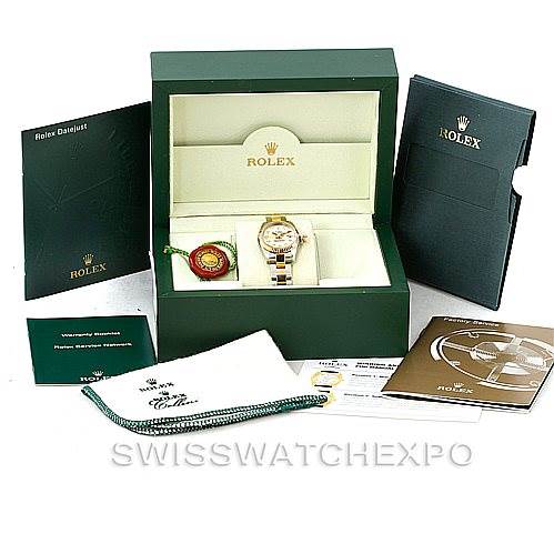 The image shows a Rolex Datejust 179173 Women's Steel and Gold (two tone) Silver Dial 179173 Women's Steel and Gold (two tone) Silver Dial watch along with its box, manuals, warranty card, and accessories.