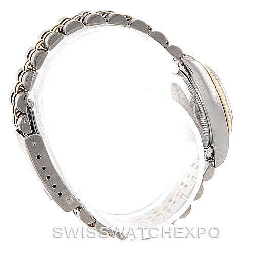 This image shows the side view of the Rolex Datejust 79173 Women
s Stainless Steel White Dial 79173 Women
s Stainless Steel White Dial watch, highlighting the bracelet and part of the case and bezel.