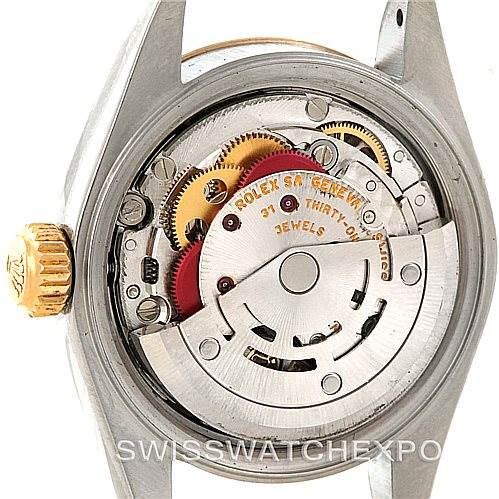 This image shows the internal mechanism and movement of a Rolex Datejust 79173 Women
s Stainless Steel White Dial 79173 Women
s Stainless Steel White Dial watch from the rear angle with the case back removed.