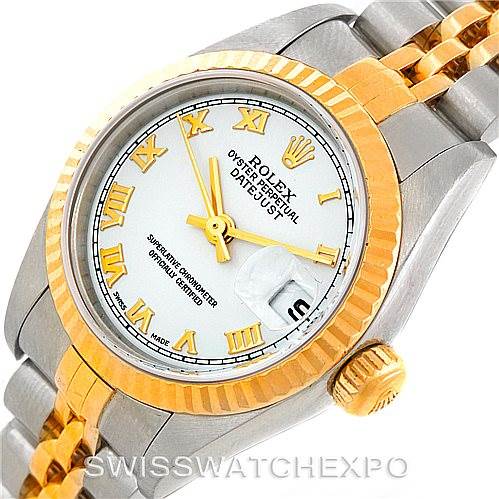 The image shows the dial, bezel, crown, and a portion of the bracelet of the Rolex Datejust 79173 Women
s Stainless Steel White Dial 79173 Women
s Stainless Steel White Dial watch at an angled top view.