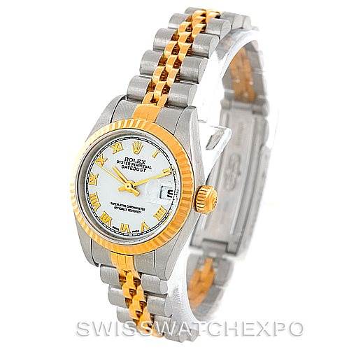 The image shows a front angle of a Rolex Datejust 79173 Women
s Stainless Steel White Dial 79173 Women
s Stainless Steel White Dial watch, highlighting its two-tone bracelet, white dial, and gold fluted bezel.