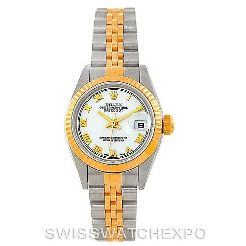 This image shows a frontal view of a Rolex Datejust 79173 Women
s Stainless Steel White Dial 79173 Women
s Stainless Steel White Dial watch, featuring a two-tone bracelet, fluted bezel, and a white dial with Roman numerals.