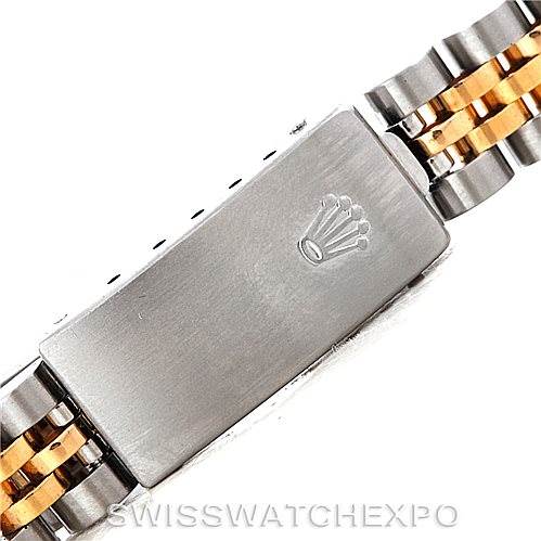 This image shows the clasp of a Rolex Datejust 79173 Women
s Stainless Steel White Dial 79173 Women
s Stainless Steel White Dial watch with a two-tone Jubilee bracelet.