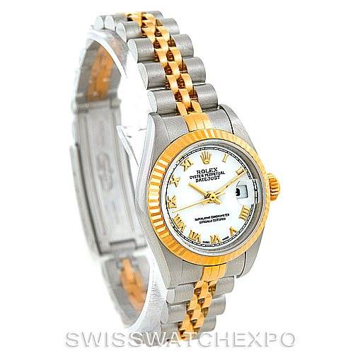 The image shows a Rolex Datejust 79173 Women
s Stainless Steel White Dial 79173 Women
s Stainless Steel White Dial watch at a slight side angle, highlighting its two-tone bracelet, fluted bezel, and white dial.