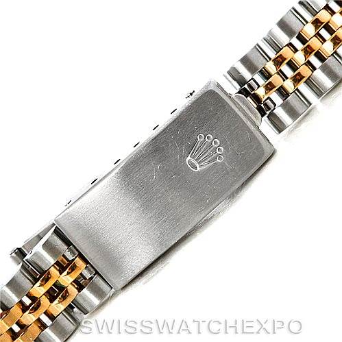 This image shows a close-up of the clasp and part of the bracelet of a Rolex Datejust 79173 Women's Stainless Steel Silver Dial 79173 Women's Stainless Steel Silver Dial watch, highlighting its two-tone design.