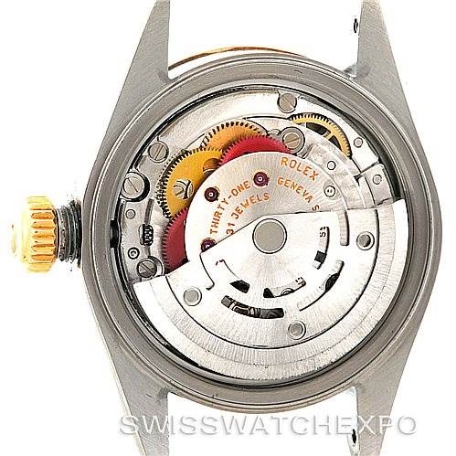 The image shows the inner mechanism of the Rolex Datejust 79173 Women's Stainless Steel Silver Dial 79173 Women's Stainless Steel Silver Dial watch viewed from a straight-on angle.