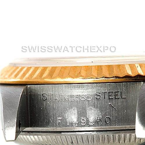 The image shows a close-up of the case side and bezel of a Rolex Datejust 79173 Women's Stainless Steel Silver Dial 79173 Women's Stainless Steel Silver Dial watch, highlighting the "Stainless Steel" engraving.