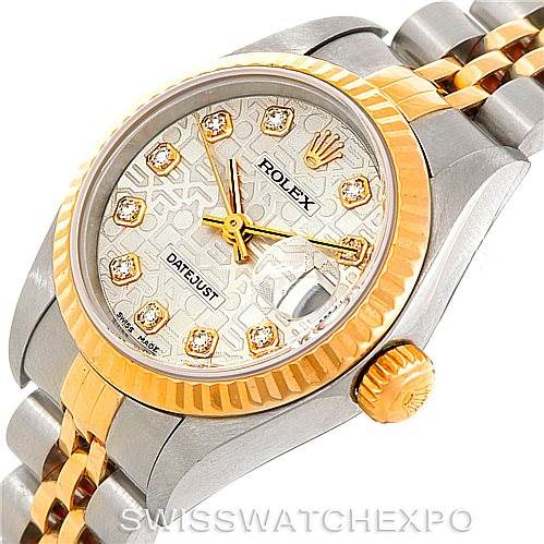 The image shows a close-up angle of the Rolex Datejust 79173 Women's Stainless Steel Silver Dial 79173 Women's Stainless Steel Silver Dial watch, highlighting the dial, bezel, crown, and part of the bracelet.