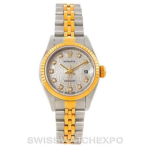 This image shows a Rolex Datejust 79173 Women's Stainless Steel Silver Dial 79173 Women's Stainless Steel Silver Dial watch from a front angle, highlighting its two-tone bracelet, diamond hour markers, and date display.
