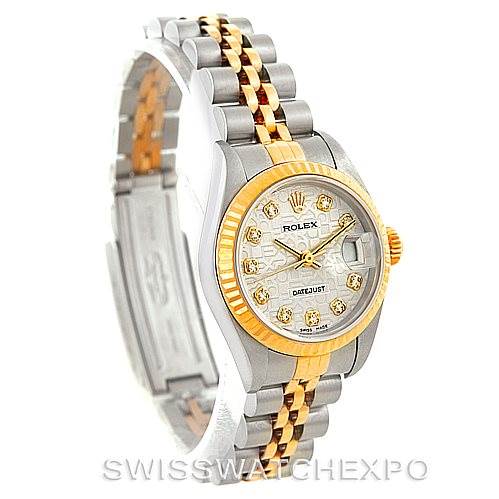 The image shows a Rolex Datejust 79173 Women's Stainless Steel Silver Dial 79173 Women's Stainless Steel Silver Dial watch featuring its dial, bezel, crown, and two-tone jubilee bracelet at a slight angle.