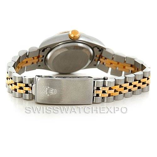 This image shows the back view of a Rolex Datejust 79173 Women's Stainless Steel Silver Dial 79173 Women's Stainless Steel Silver Dial watch, highlighting its two-tone bracelet and clasp with the Rolex logo.