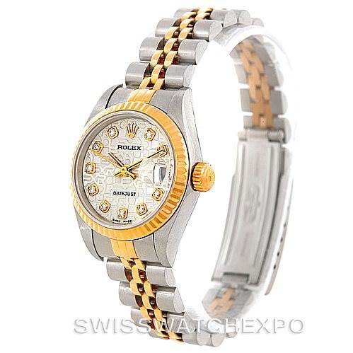 This image shows a Rolex Datejust 79173 Women's Stainless Steel Silver Dial 79173 Women's Stainless Steel Silver Dial watch at an angle highlighting the face, bezel, and two-tone Jubilee bracelet.
