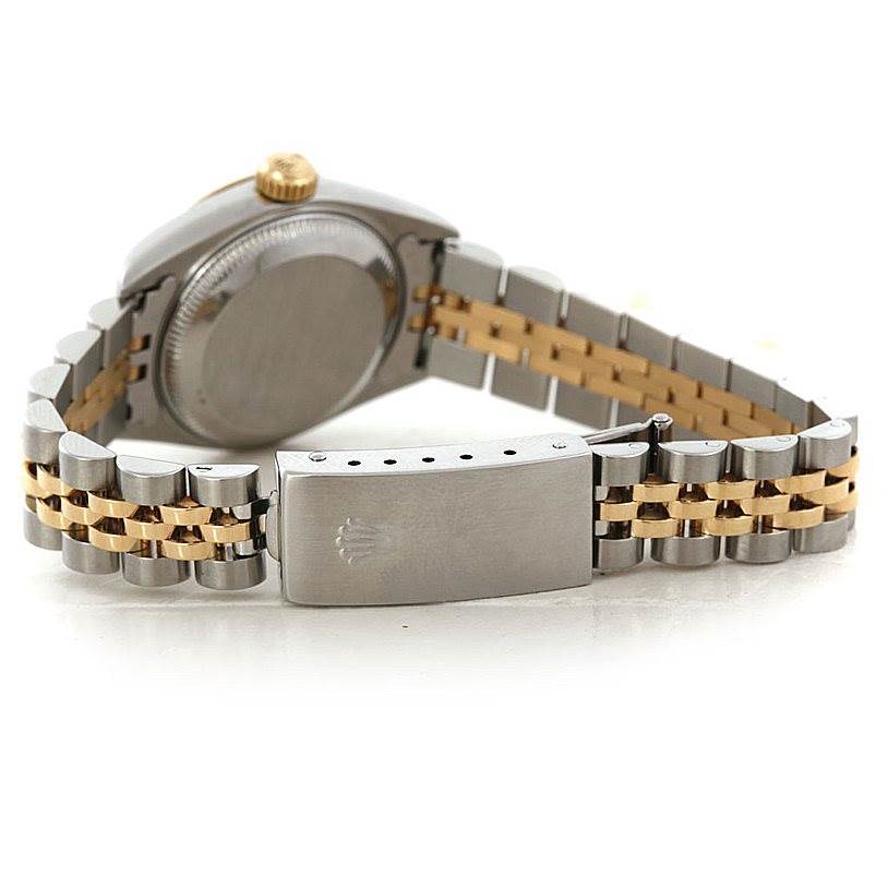 The image shows the backside and clasp of a Rolex Datejust 69173 Women
s Stainless Steel Blue Dial 69173 Women
s Stainless Steel Blue Dial watch, highlighting its two-tone bracelet and case back.