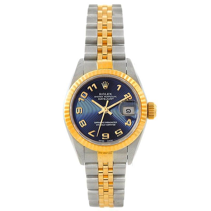 This image shows a frontal view of a Rolex Datejust 69173 Women
s Stainless Steel Blue Dial 69173 Women
s Stainless Steel Blue Dial watch, highlighting its dial, bezel, crown, and bracelet.