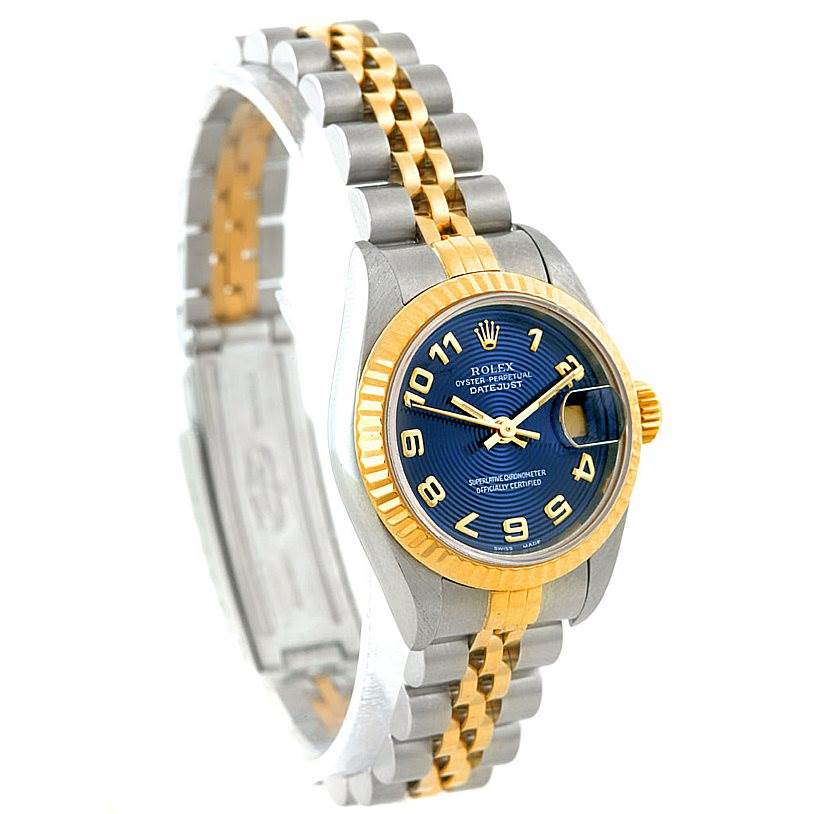 The image shows a Rolex Datejust 69173 Women
s Stainless Steel Blue Dial 69173 Women
s Stainless Steel Blue Dial watch at a front-right angle, highlighting its dial, bezel, crown, and Jubilee bracelet.