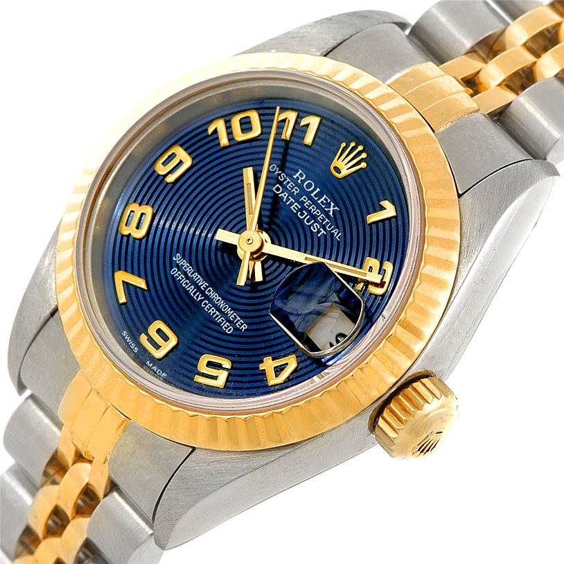 This is a close-up angle showing the dial, bezel, crown, and part of the bracelet of a Rolex Datejust 69173 Women
s Stainless Steel Blue Dial 69173 Women
s Stainless Steel Blue Dial watch.