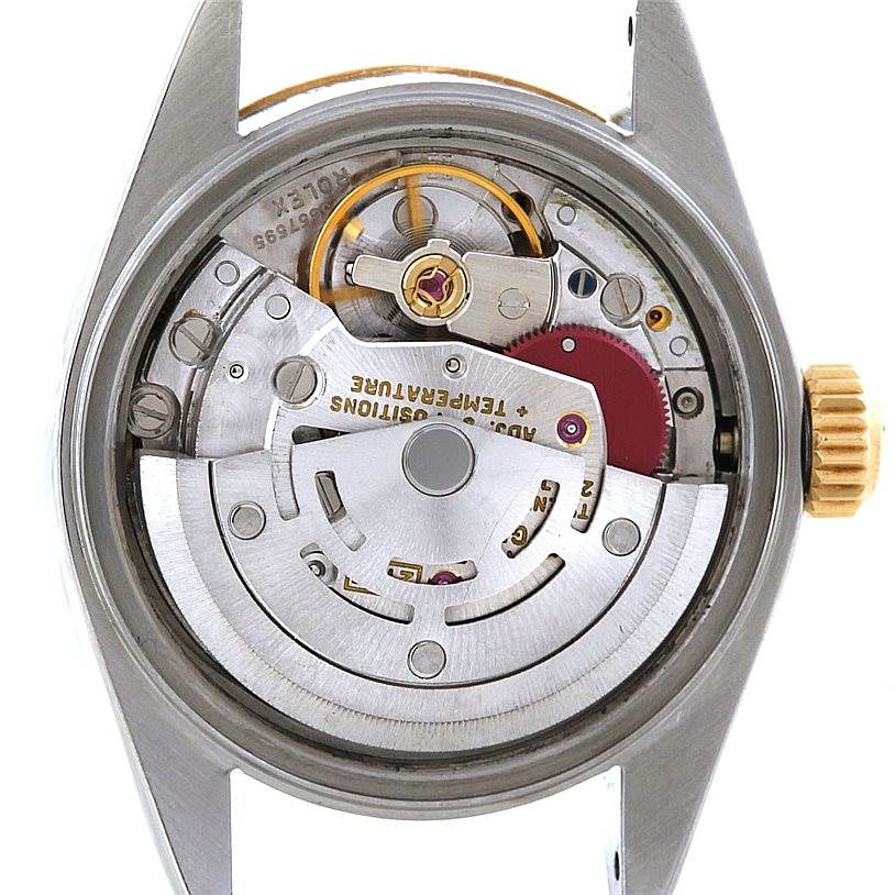 The image shows the internal movement of a Rolex Datejust 69173 Women
s Stainless Steel Blue Dial 69173 Women
s Stainless Steel Blue Dial watch from a rear angle.