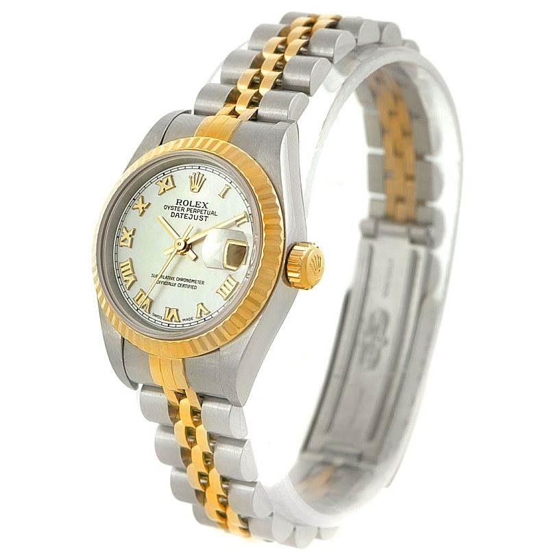 The image shows a Rolex Datejust 79173 Women's Stainless Steel Mother of Pearl Dial 79173 Women's Stainless Steel Mother of Pearl Dial watch at a slight angle, highlighting the dial, bezel, crown, and two-tone bracelet.