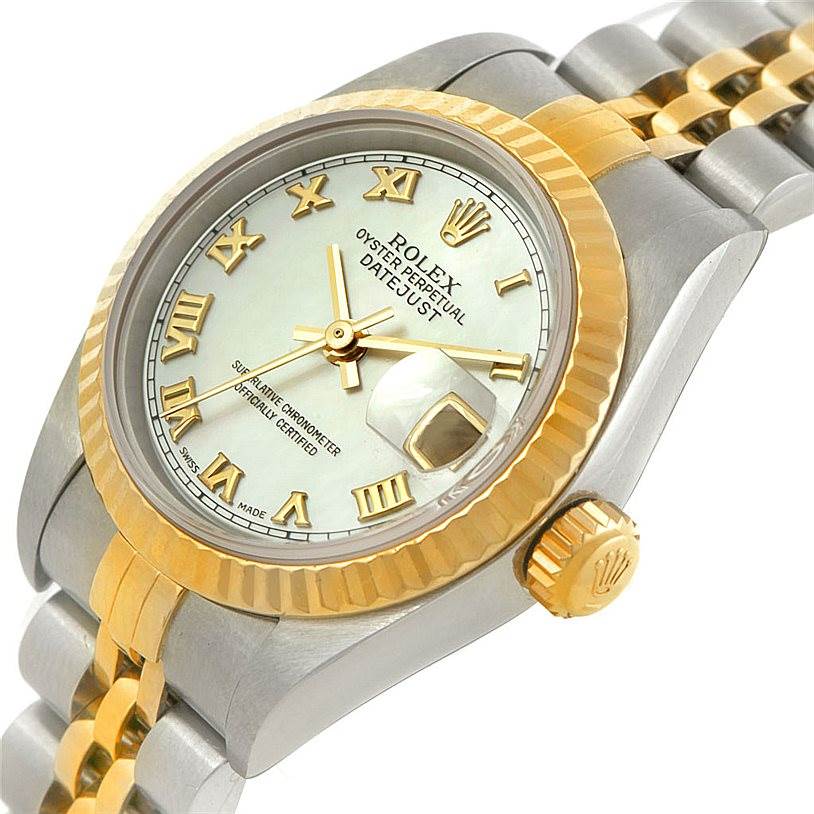 This close-up angle shows the dial, bezel, crown, and bracelet of the Rolex Datejust 79173 Women's Stainless Steel Mother of Pearl Dial 79173 Women's Stainless Steel Mother of Pearl Dial watch.