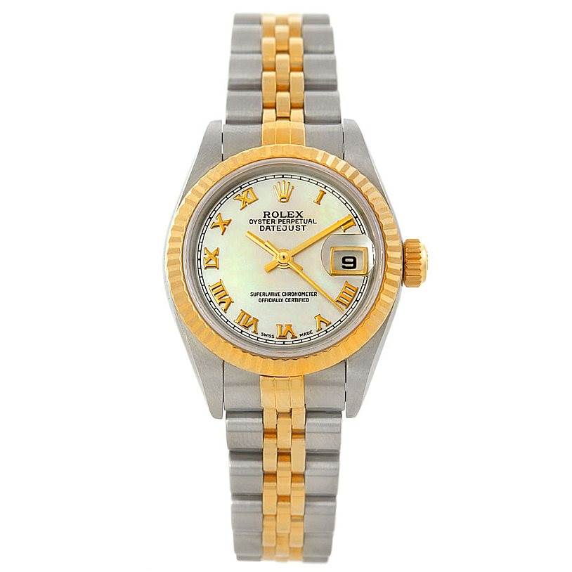 The image shows a Rolex Datejust 79173 Women's Stainless Steel Mother of Pearl Dial 79173 Women's Stainless Steel Mother of Pearl Dial watch from a direct top-down angle, featuring the face, bezel, and bracelet.