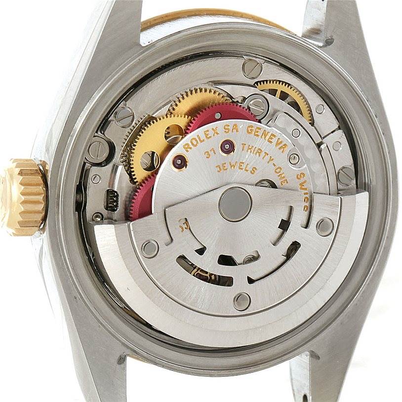 The image shows the internal mechanical movement of a Rolex Datejust 79173 Women's Stainless Steel Mother of Pearl Dial 79173 Women's Stainless Steel Mother of Pearl Dial watch from a rear angle.