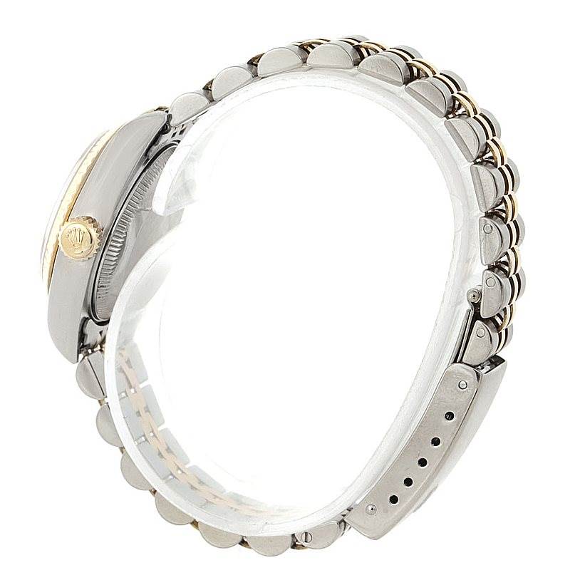 The image shows a side view of a Rolex Datejust 79173 Women's Stainless Steel Mother of Pearl Dial 79173 Women's Stainless Steel Mother of Pearl Dial, focusing on the bracelet and crown.