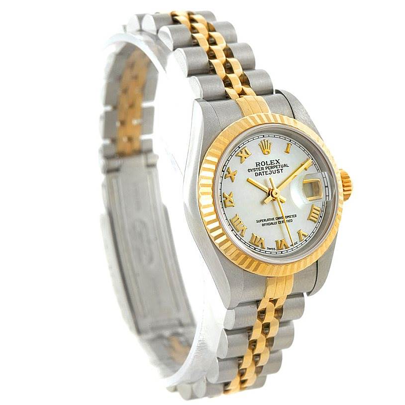 The Rolex Datejust 79173 Women's Stainless Steel Mother of Pearl Dial 79173 Women's Stainless Steel Mother of Pearl Dial watch is shown at a three-quarter angle, highlighting the face, bezel, and Jubilee two-tone bracelet.