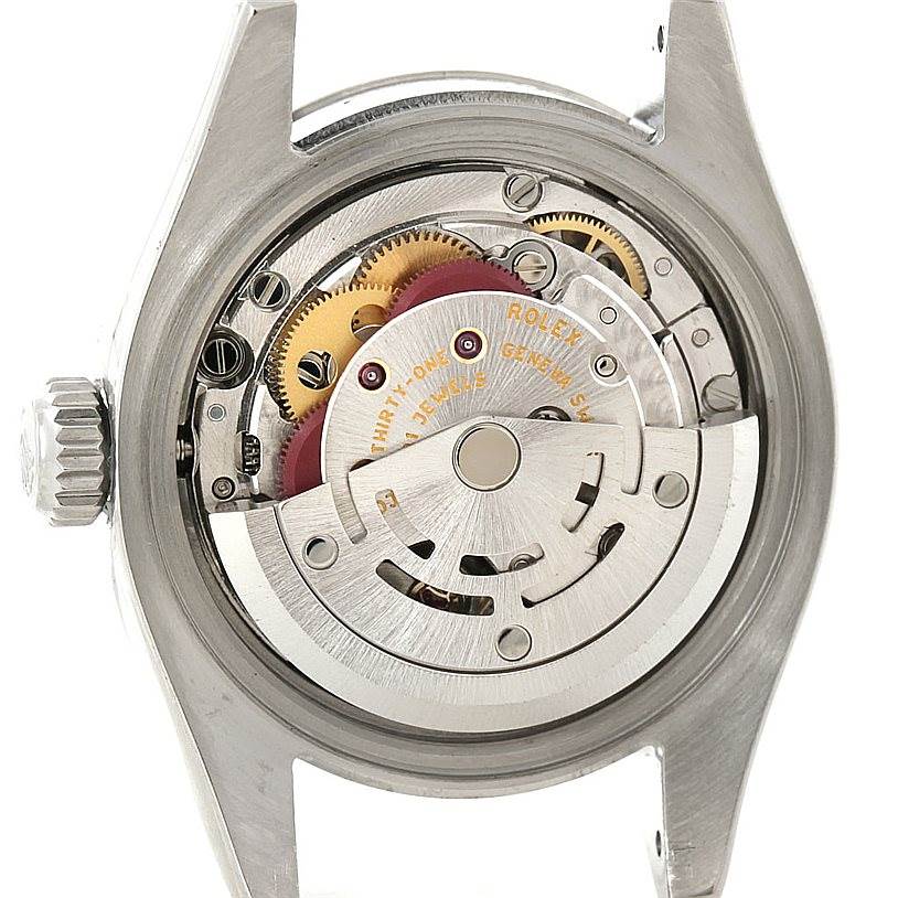 This image shows the intricate internal mechanical movement and components of the Rolex Datejust 179174 Women's Stainless Steel Mother of Pearl Dial 179174 Women's Stainless Steel Mother of Pearl Dial watch from a back angle.
