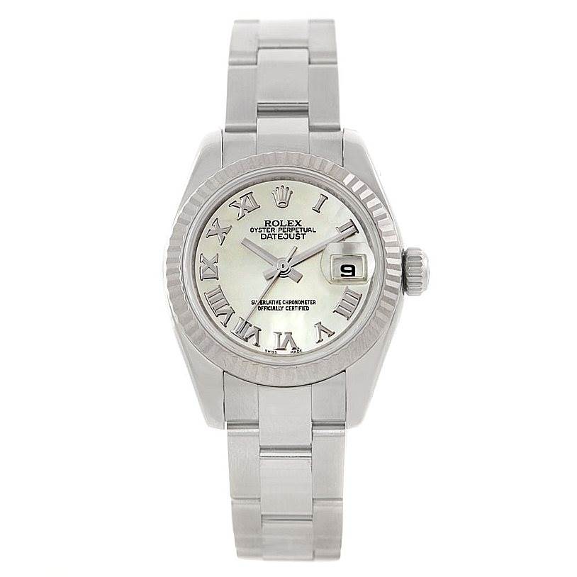 This image shows a frontal view of a Rolex Datejust 179174 Women's Stainless Steel Mother of Pearl Dial 179174 Women's Stainless Steel Mother of Pearl Dial watch, displaying the dial, bezel, crown, and stainless steel bracelet.